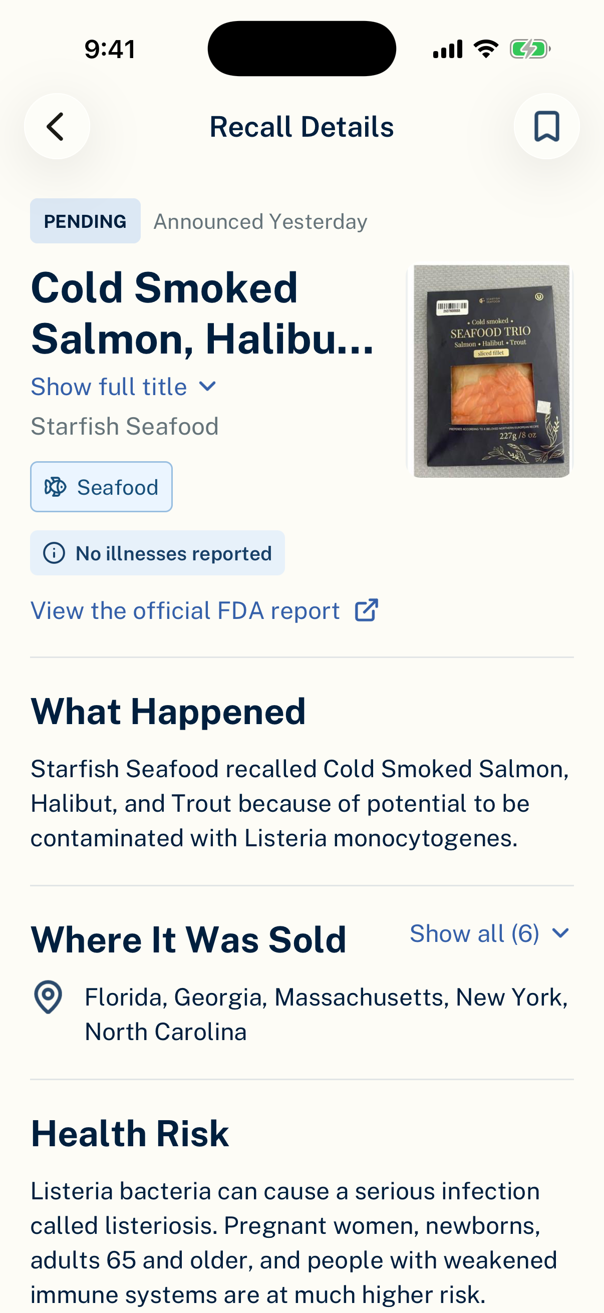 Lotly's Recall Details screen for Starfish Seafood's Cold Smoked Salmon, Halibut, and Trout, with the product photo, a Seafood tag, No illnesses reported, a link to the official FDA report, What Happened, and Where It Was Sold.