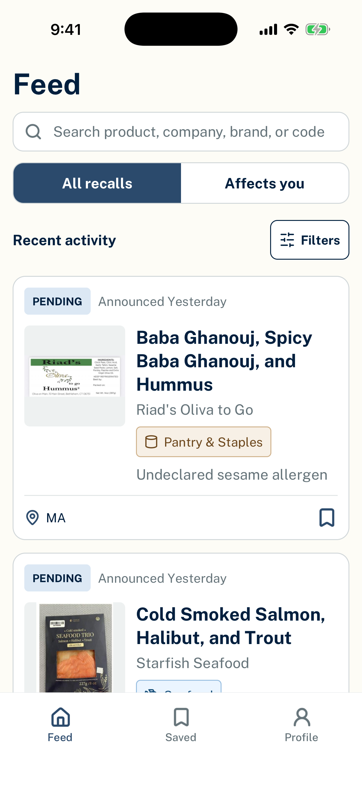 Lotly's Feed screen on iPhone, listing example recalls: Baba Ghanouj, Spicy Baba Ghanouj, and Hummus from Riad's Oliva to Go, for an undeclared sesame allergen, and Cold Smoked Salmon, Halibut, and Trout from Starfish Seafood.
